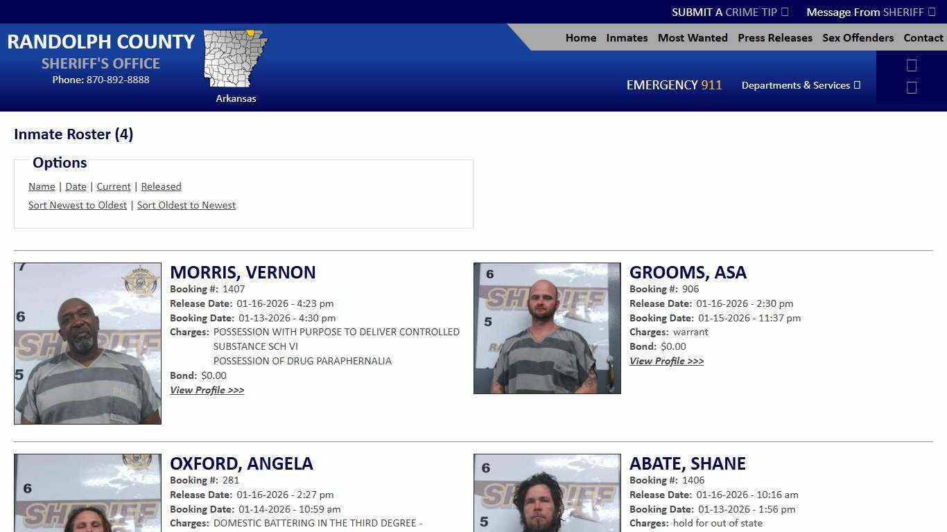 Inmate Roster - Released Inmates Booking Date Descending - Randolph County Sheriff AR